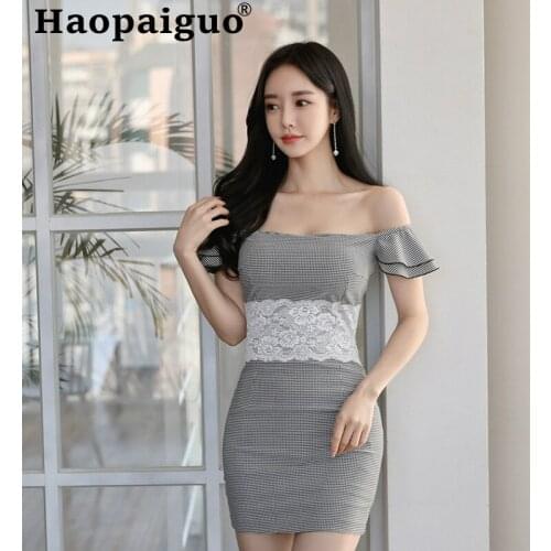 Plus Size Slash Neck Lace Patchwork Empire Pencil Dress Women Plaid Corset Sexy Party Dress Women Mini Bodycon Wrap Ladies Dress