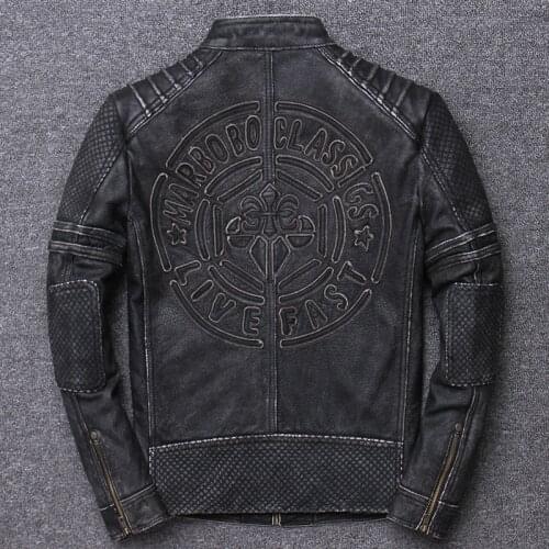 Embroidery Locomotive Serve Head Layer Thickness Cowhide Genuine Clothing Do Used Leather Jacket Stand Lead Winter Coat
