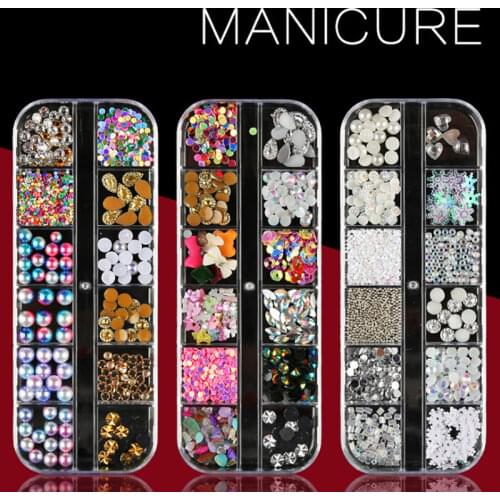 12 Different Styles DIY Nail Art Decoration Different Shapes Transparent Diamond Multi-size Tips Mixed 12 Grid Nail Accessories
