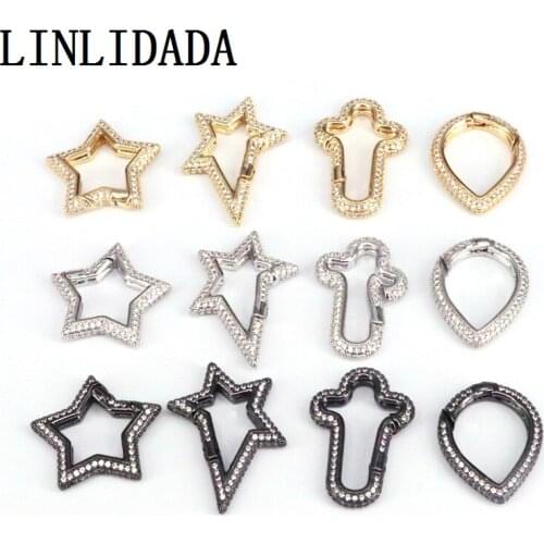 5Pcs Star Cross Drop shape Micro pave Cz Spring Snap Hook Clasp, Gold/Silver/Black Carabiner Lock, Jewelry Finding