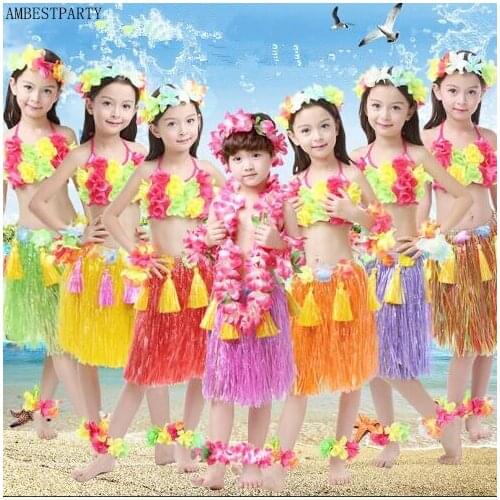 6pcs Kids 40cm decker thickening Hawaiian Hula Skirt children dance grass dress Hawaii Beach Festive Party Costume AMBESTPARTY