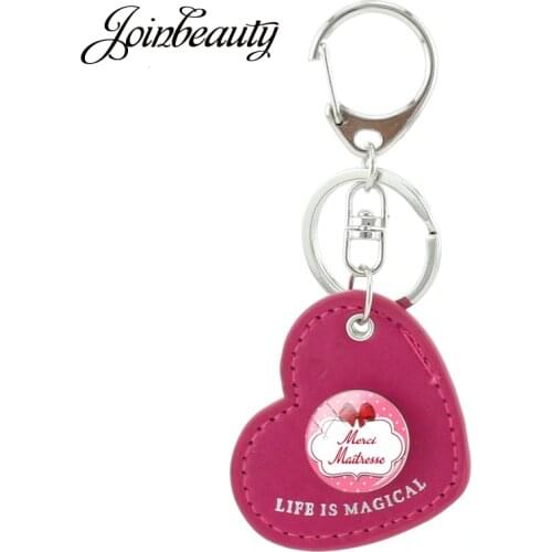 JOINBEAUTY Merci Maitresse Photo Snap Buttons Keyring French Pink Heart Shape Handmade PU Leather Keychain Teacher Gift CT309