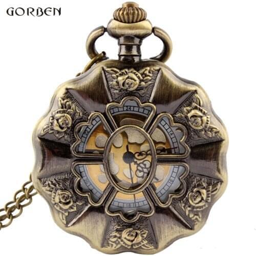 Vintage Bronze Rose Flower Full Steel Steampunk Pocket Watch With FOB Chain Unique Hollow Skeleton Mens Womens Pocket Watch Gift