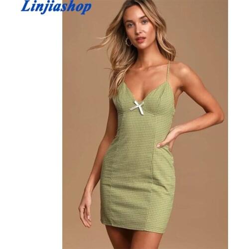 Summer women mini dress slim plaid sleeveless spring green purple zipper spaghetti straps beach short dresses ladies