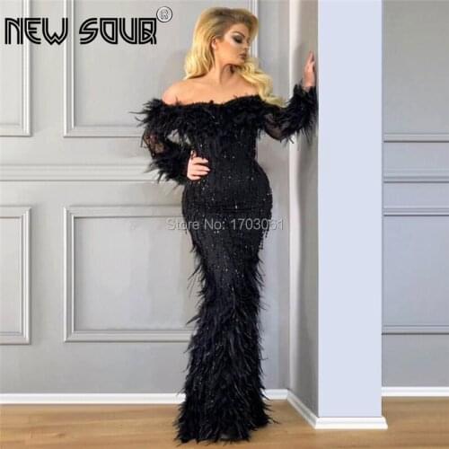 Black Feathers Muslim Off The Shoulder Prom Dress Pageant Party Gowns Robe De Soiree Turkish Islamic Dubai Evening Dresses Aibye