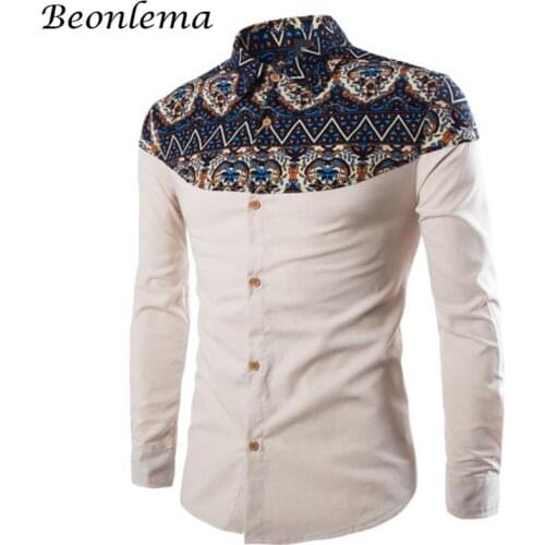 Beonlema Men Formal Shirts In African Print Style Stand Collar Button Shirts Navy Long Sleeve Cotton Homme Clothes Tops M-3XL