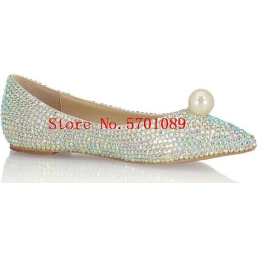 New Colorful Rhinestone Pointed Toe Pearl Shoes Lady Bride Bridesmaid Princess Fashion Flat Shoes Crystal Diamonds Slip On Shoes
