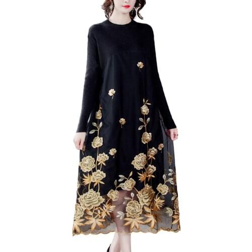 LUKAXSIKAX 2020 New Autumn Winter Women Knitted Base Dress High Quality Mesh Flowers Embroidery Patchwork Vintage Dress