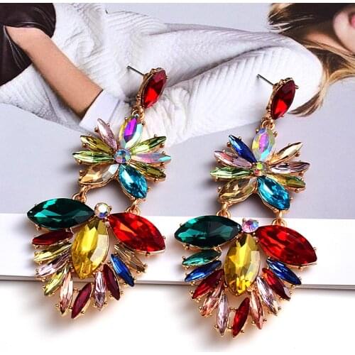 New Statement Colorful Crystal Long Metal Dangle Drop Earrings High-Quality Fashion Glass Jewelry Accessories For Women