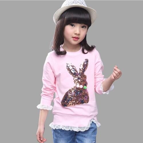 Autumn Girls T shirt Long Sleeves Cotton T-shirt For Girl Rabbit Sequin Kids Tops Casual Spring Winter Kids Clothes 6-14 Y