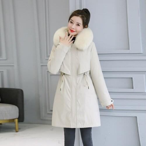 Korean Style Parkas Hooded with Fur Womens Long Winter Jacket Solid Wool Liner Slim Plus Size Zipper Coat Casual Outwear