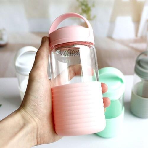Silicone Cover Mini Glass Water Bottle Withe Filter Portable Tea Cup Coffee Bottle Kids Drink Water Cup 320ml