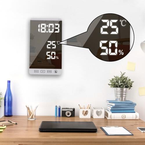 LED Mirror Alarm Clock Time Temperature Humidity Display 6 Inch USB Output Port Table Clock Touch Button Wall Digital Clock