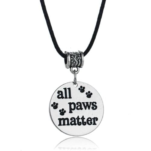 Trendy Pet Animals Rescue Claw Foot Print All Paws Matter Round Pendant Charm Jewelry Leather Rope Dog Lovers Gift Choker Collar