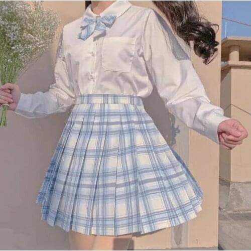 Japanese School Girls High Waist Pleated Skirts Blue Plaid Skirts Women Dress Long/Short Sleeve JK School Uniform