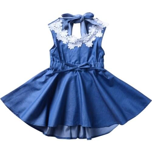 Kids Girls Toddler Summer Floral Denim Dress Backless Summer Dresses 2021 New Children Princess Jean Dress Sleeveless Lace Cute