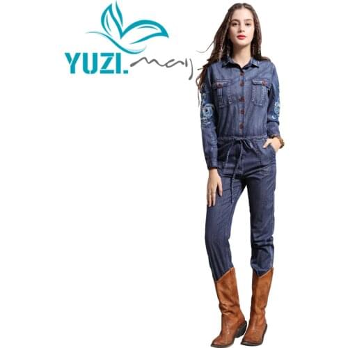 Jumpsuit Women 2019 Yuzi.may Boho New Denim Bodysuit Turn-down Collar Vintage Embroidery Long Sleeve Full Length Jumpsuit A82127