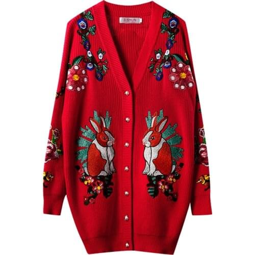 Women Ladies Cute New Autumn Winter Luxury embroidery Rabbit Tiger Ufo Flowers Casual Sweaters Cardigan High quality #N121