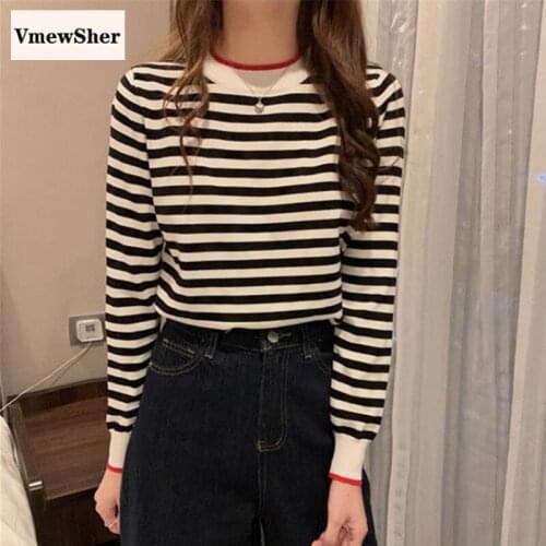 VmewSher New Striped Pullovers Knitted Women Sweater Autumn O-neck Casual Long Sleeve Preppy Style Knitwear Fashion Tops Spring