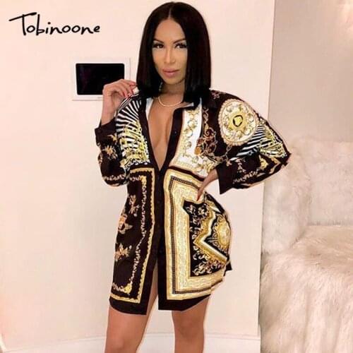 Tobinoone sexy v neck print bohemian beach dress high waist summer dress women 2019 new botton elegant short dress vestidos