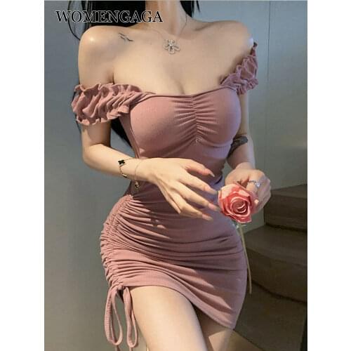 WOMENGAGA Drawstring Butterfly Sleeve Lace Ruffle Dress Slash Neck Pleated Tight Straps Slim Skinny Mini Dresses Pink Women 8YAX