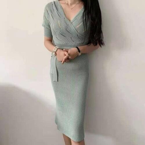 2021 Summer New Korean Version of Solid Color Sexy V-neck Hollow Halter Belt Side Slit Knitted Slim Dress Women