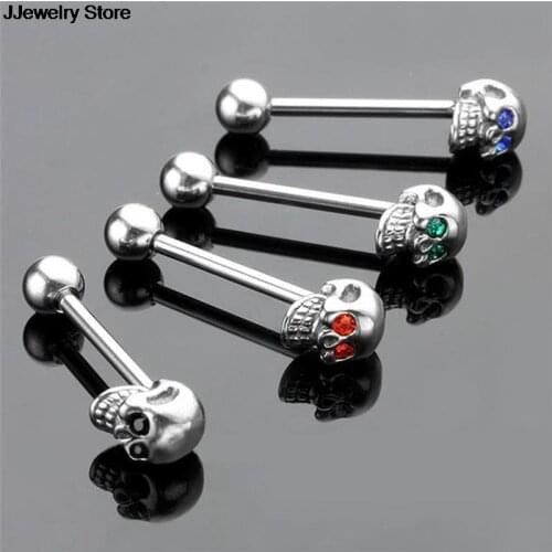 1Pc Barbell Piercing Body Jewelry 316L Stainless Steel CZ Gem Punk Skull Tongue Ring for Women Fashion Jewelry 4 Colors