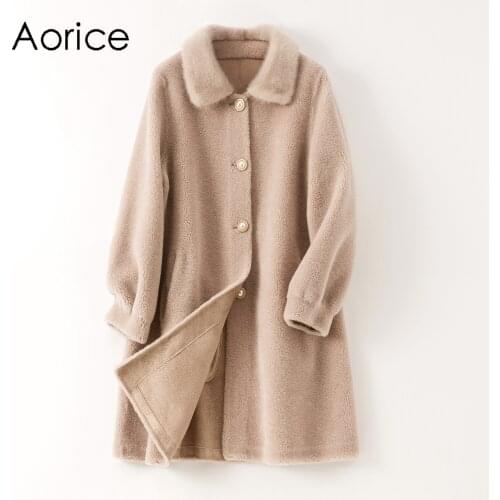 Aorice Women Long Real Sheep Fur Jacket Coat Female Mink Fur Collar Wool Fur Trench Plus Size Parkas Coats Jackets H99151