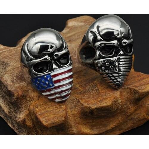 Beichong High Polished Fashion Punk American Flag Silver Stainless Steel Skull Ring For Man Personality Biker Jewelry