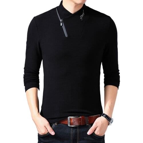 BROWON Brand 2021 New Style Cotton Mens T-shirt Long Sleeve T Shirt Men Solid Color Zipper Print Collar Oversized T Shirt