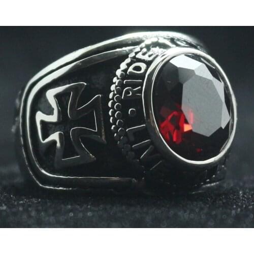 Rider Motorcycle Style Unisex 316L Stainless Steel Cool Ride To Live, Live To Live Cross Red Stone Classic Biker Ring