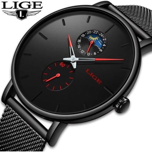 LIGE Quartz Watch Men Casual Red Waterproof Watch Stainless Steel Ultra Thin Male Clock 24 hour Watches Relogios Masculino 2019