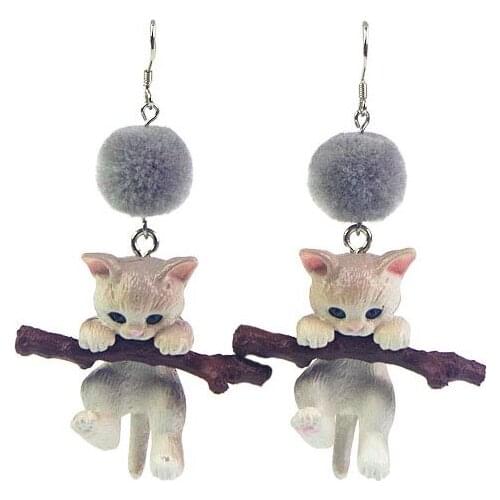 Trend Fun and Cute Firewood Cat Earrings Mori Fur Ball Branch Cat Girlish Heart Ear Studs Eardrops Ear Clips