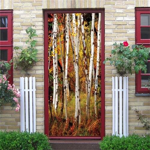 Custom Size/95*215cm Tree Door Sticker Home Decor Posters Peel and Stick Wallpaper Colorful Waterfall Mural Decals deursticker