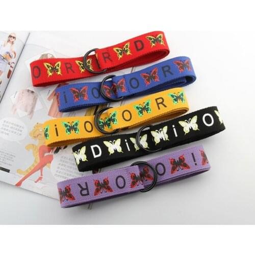 New Fashion Nylon Canvas Butterfly Print Belt Mens and Womens Belt All-match Casual Pants Belt Double-ring Buckle Waistband