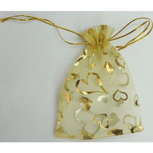 Wholesale 100pcs/lot 7x9cm Heart Gold Bronzing Organza Bags Gold Jewelry Bags And Packaging Small Drawstring Pouches Candy Bag