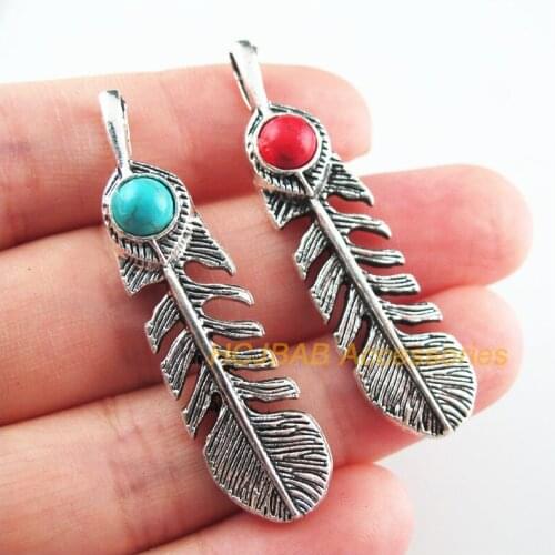 5Pcs Retro Tibetan Silver Tone Animal Feather Blue&Red Stone Charms Pendants 12x48mm