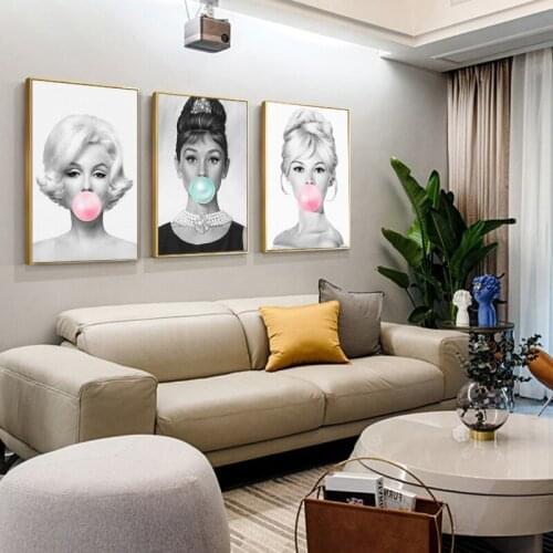 Famous Movie Star Posters Audrey Hepburn Marilyn Monroe Bubble Gum Canvas Painting Wall Art Poster Modern Women Home Decor