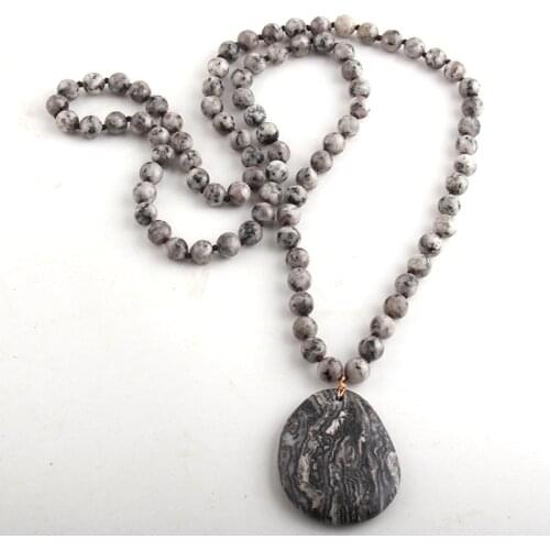 RH Fashion Bohemian Tribal Jewelry 8mm Stone Long Knotted Dorp Pendant Necklaces For Women Jewerlry