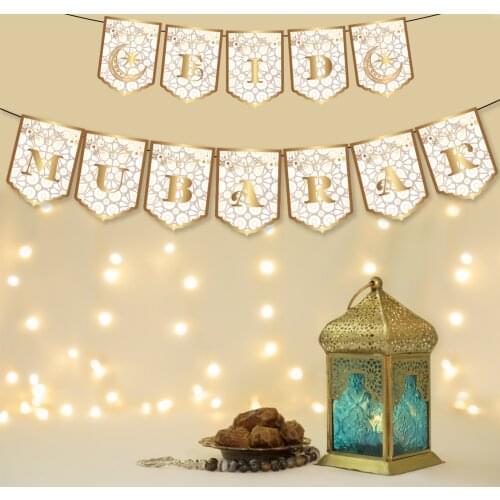White Gold Luxury Muslim Festival Theme Party Paper EID MUBARAK Party Hanging Banners Flags Arab Traditional Party Banner
