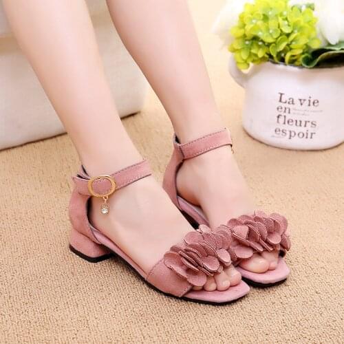 Little Girl High Heels Sandals Big Kids Summer Shoes Flowers Princess Beach Sandals Rhinestone Children Shoes 4 5 6 7 8 11 12