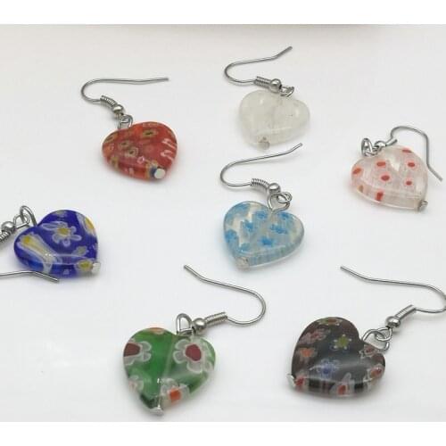 10 pairs/Lot contracted heart thousand flowers glass earrings randomly mixed color 16 mm