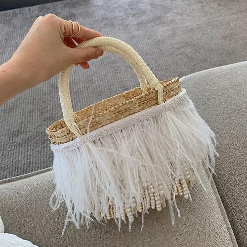 Handmade Straw Bags Women Weaving Rattan Totes Ladies Feather Pearl Tassel Beach Handbags with Sun Hat 2021 NEW Summer