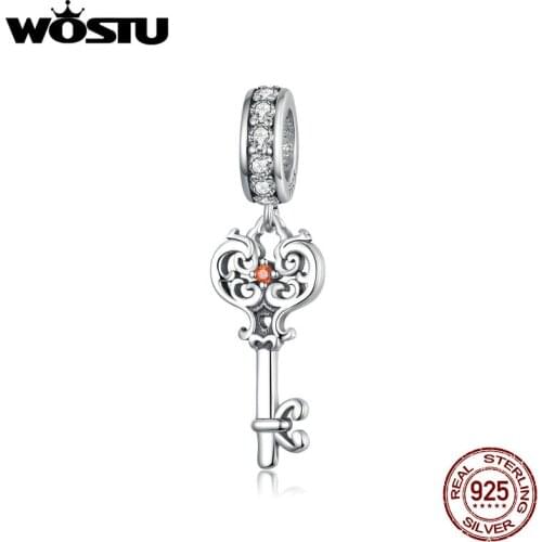 WOSTU Heartslock Key Dangle Charm 925 Sterling Silver Beads Fit Original DIY Bracelet Silver 925 Jewelry Making CTC092
