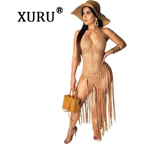 XURU summer new womens tassel dress long section weave two wearing beach dress white khaki black dress