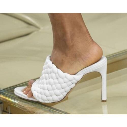Linamong White Nude Knitting Weave Sandals Woman Runway High Heel Party Shoes Open Toe Apricot Slides Summer Beach Slippers