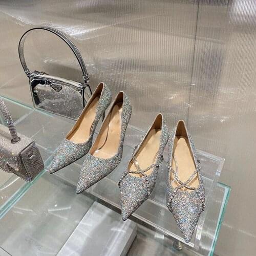 High JC new sequin pointed flat shoes Crystal chain rhinestone womens shoes female Joker bridesmaid bride high heels