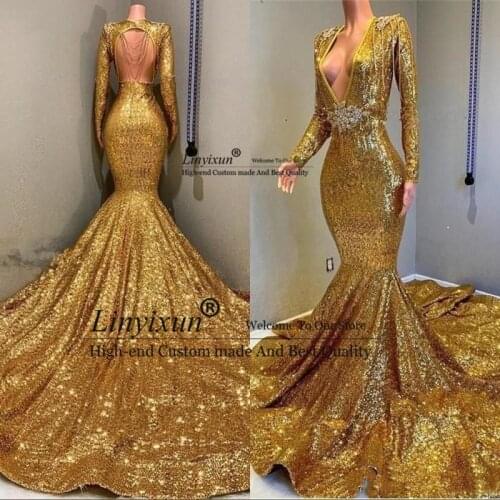Sexy Mermaid Backless Prom Dresses Cheap V-neck Long Sleeves Sequined Bling Bling Bead Floor Length Formal Evening Party Gowns