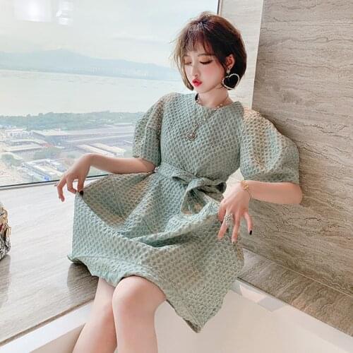 Awarose Women 3D Jacquard Solid Color High Waist Belt Fashion Elegant Dress Female Summer Short Sleeve Party Dresses Clothes