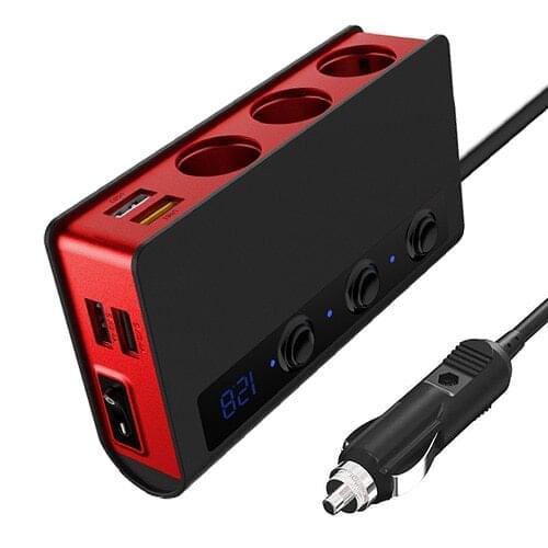 180W 3-Socket Car Cigarette Lighter Splitter with Separate Switch USB Charger Outdoor Personal Car Parts Decoration